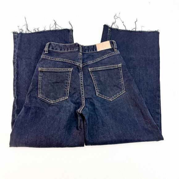 Zara Wide Leg Raw Hem Dark Wash Denim Jeans Contrast Stitch Size 2 MINT - Picture 5 of 8